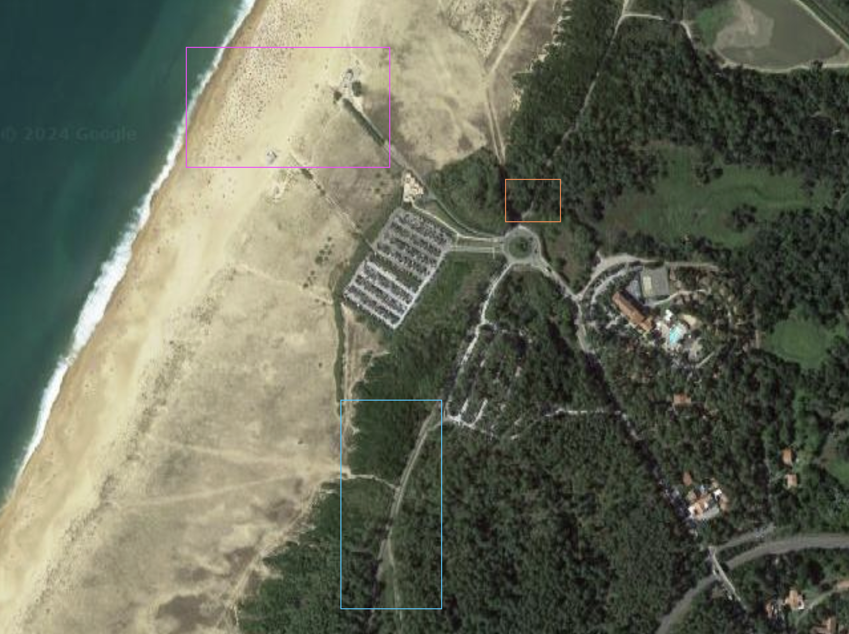 Ici en orange : la zone de repos pour les chevaux. C’est la que se garera le van le jour du shooting et que seront préparés les chevaux.
En rose : la zone de shooting des chevaux sur la plage.
zone de shooting photo cheval